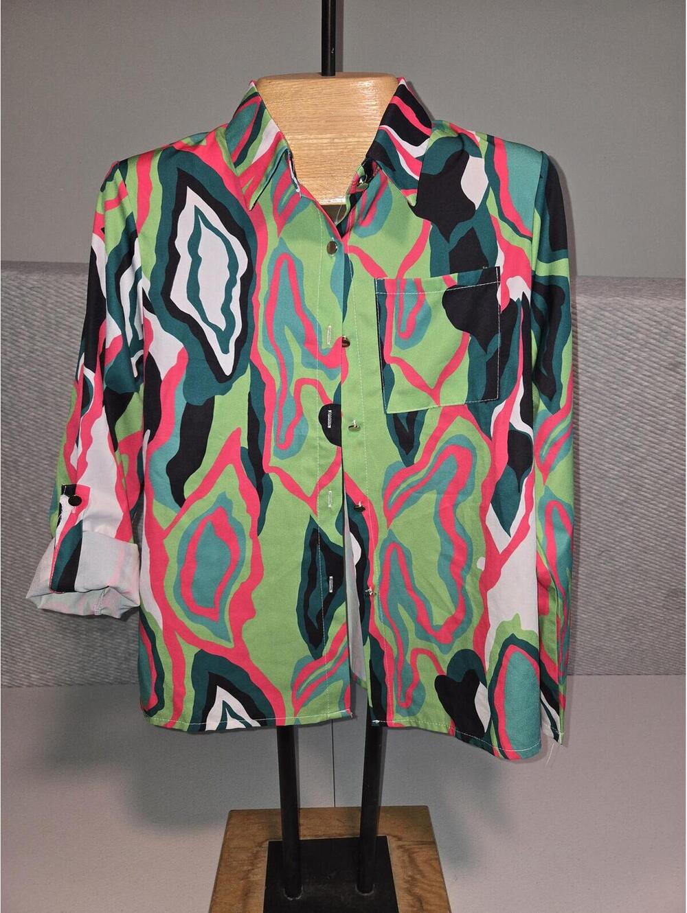 Women's Long Sleeve Button-Up Shirt with Abstract Multicolor Pattern